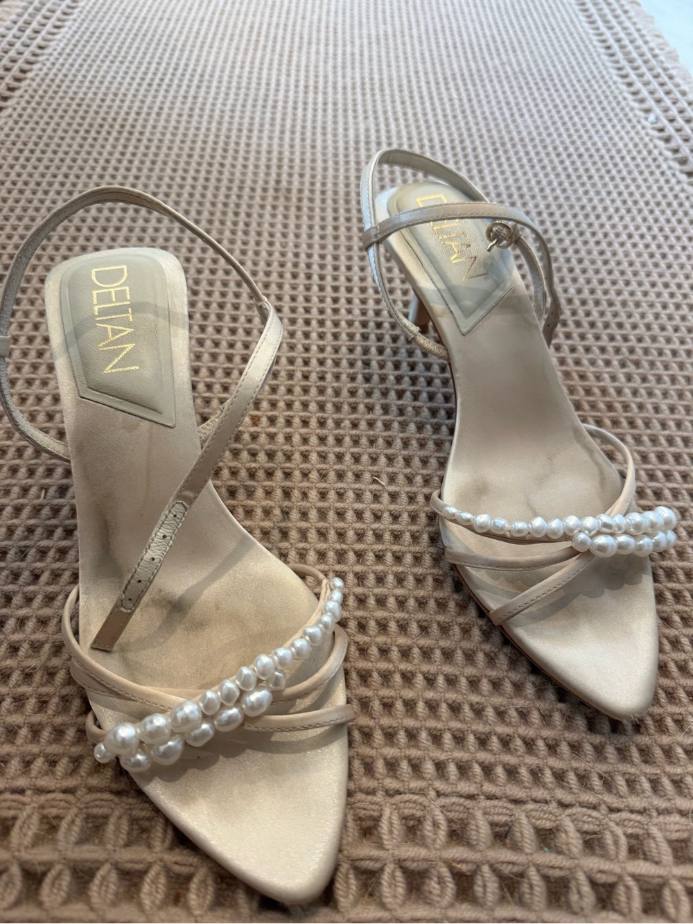 Delta Pearl-Strap Satin Slingback Heels in Champagne Beige